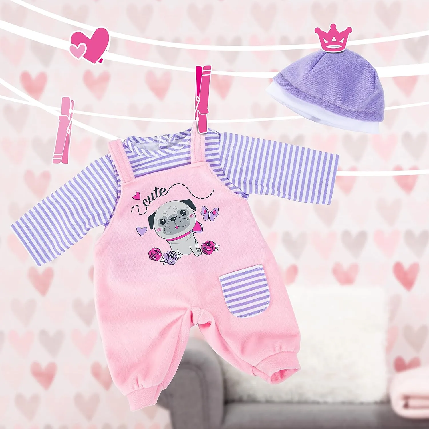 Bayer Design -83883AA Clothes for 33-38cm Dolls, Dungarees, Tops and Cap, Set, Cute Pattern Clothes for Dogs, Pink, Purple, Small, 83883AA