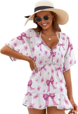 Beach Cover Up for Women,Pink Bows Heart Bathing Suit Cover Up,V-Neck Bikini Beach Dress