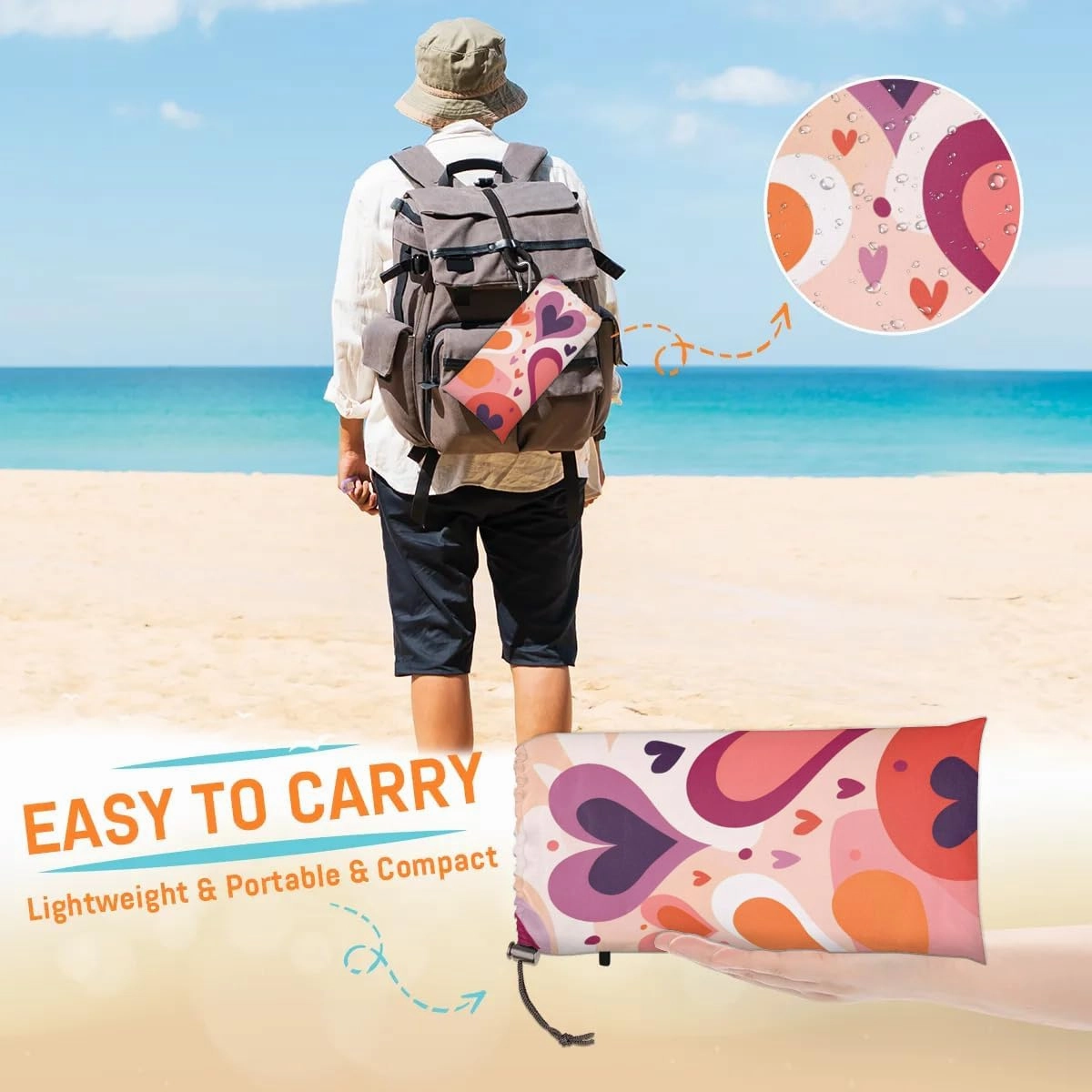 Beach Blanket, Abstract Art Sandproof Beach Mat, Waterproof Quick Drying Sand Free Mat with 4 x Ground Spikes for Outdoor Travel Camping Hiking, Valentine's Day Heart 68 x 59 in