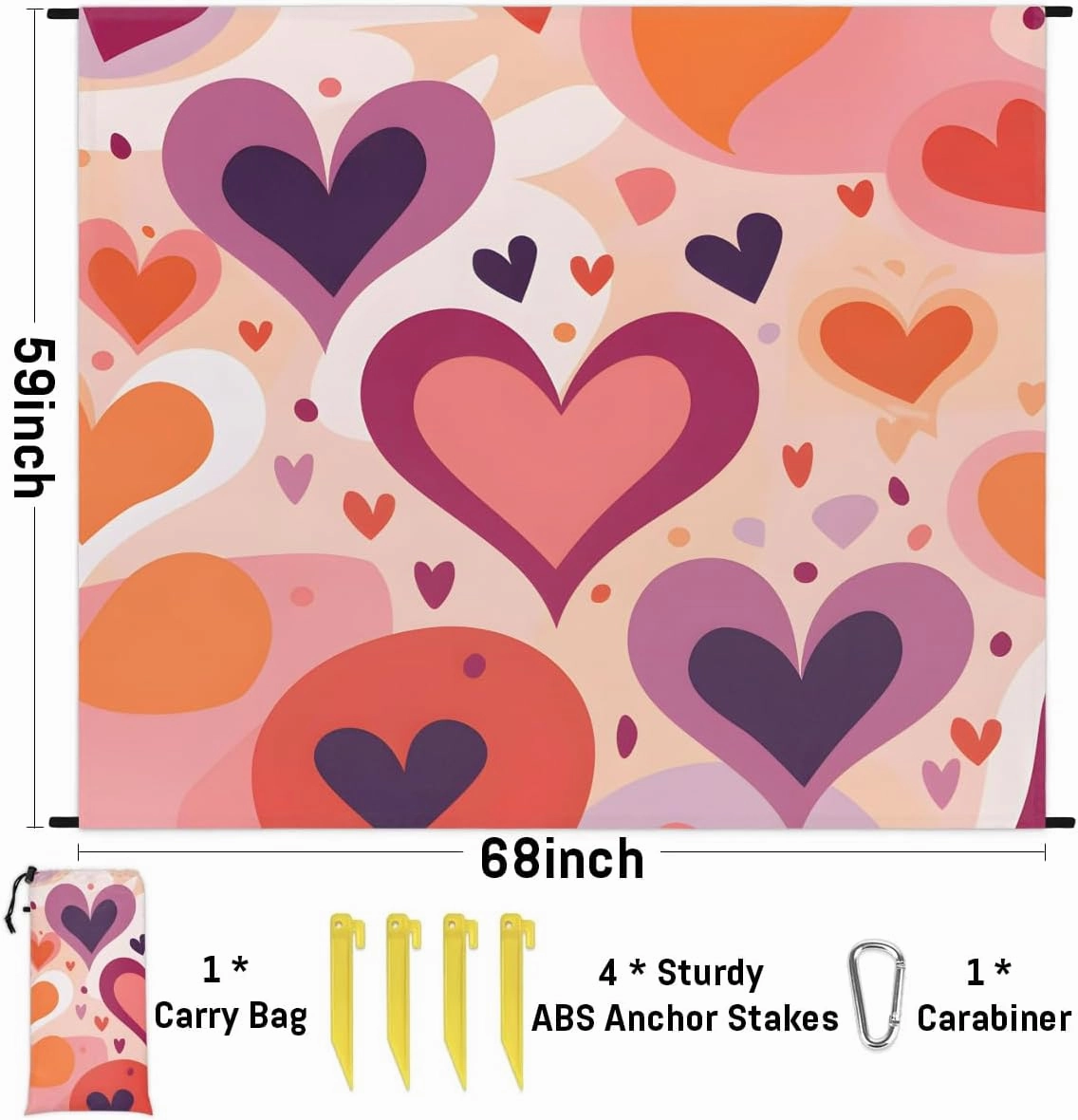 Beach Blanket, Abstract Art Sandproof Beach Mat, Waterproof Quick Drying Sand Free Mat with 4 x Ground Spikes for Outdoor Travel Camping Hiking, Valentine's Day Heart 68 x 59 in