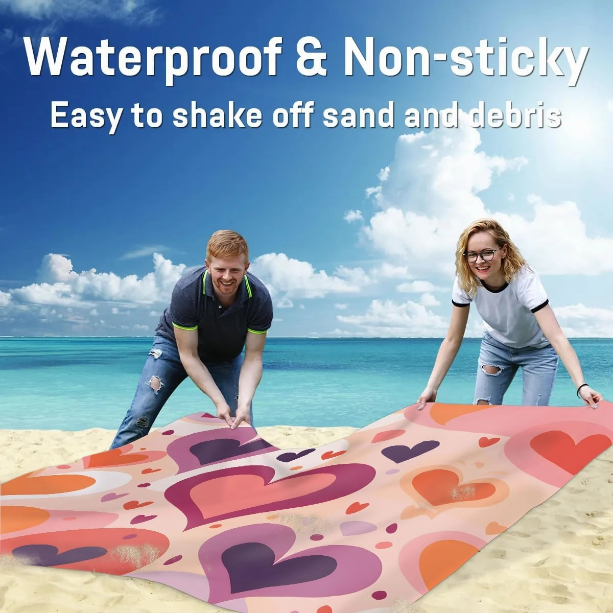 Beach Blanket, Abstract Art Sandproof Beach Mat, Waterproof Quick Drying Sand Free Mat with 4 x Ground Spikes for Outdoor Travel Camping Hiking, Valentine's Day Heart 68 x 59 in