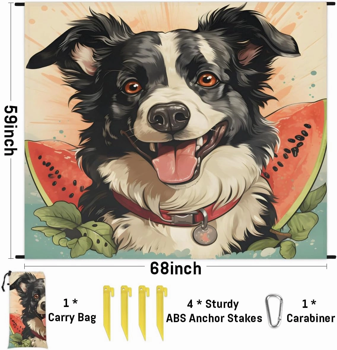 Beach Blanket, Alaskan Malamutes Dog Sandproof Beach Mat, Waterproof Quick Drying Sand Free Mat with 4 x Ground Spikes for Outdoor Travel Camping Hiking, Watermelon 68 x 59 in