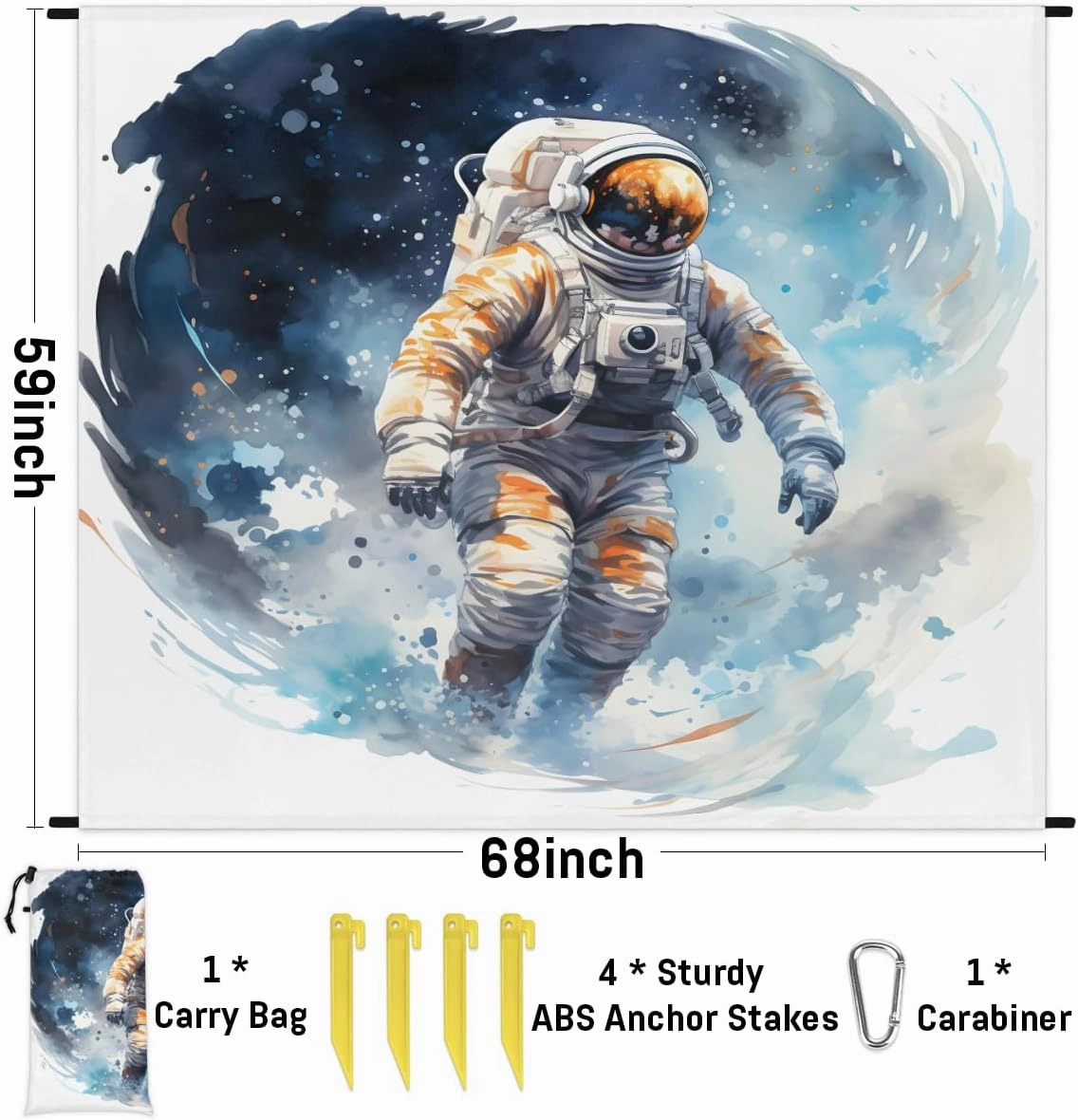Beach Blanket, Astronaut Sandproof Beach Mat, Waterproof Quick Drying Sand Free Mat with 4 x Ground Spikes for Outdoor Travel Camping Hiking, Outer Space 68 x 59 in