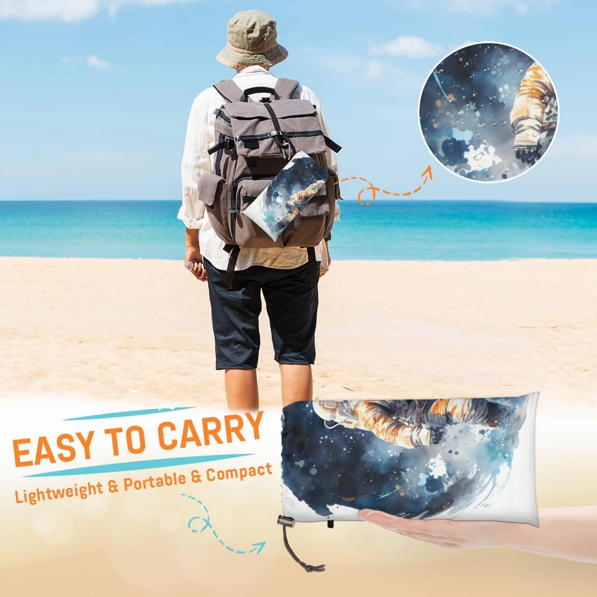 Beach Blanket, Astronaut Sandproof Beach Mat, Waterproof Quick Drying Sand Free Mat with 4 x Ground Spikes for Outdoor Travel Camping Hiking, Outer Space 68 x 59 in