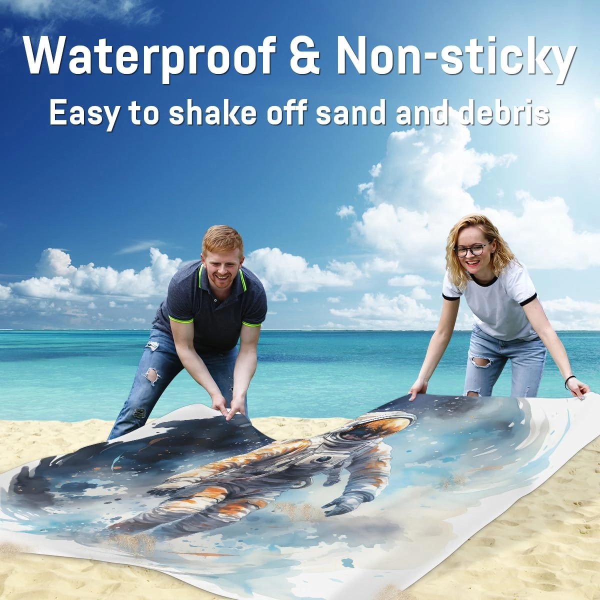 Beach Blanket, Astronaut Sandproof Beach Mat, Waterproof Quick Drying Sand Free Mat with 4 x Ground Spikes for Outdoor Travel Camping Hiking, Outer Space 68 x 59 in