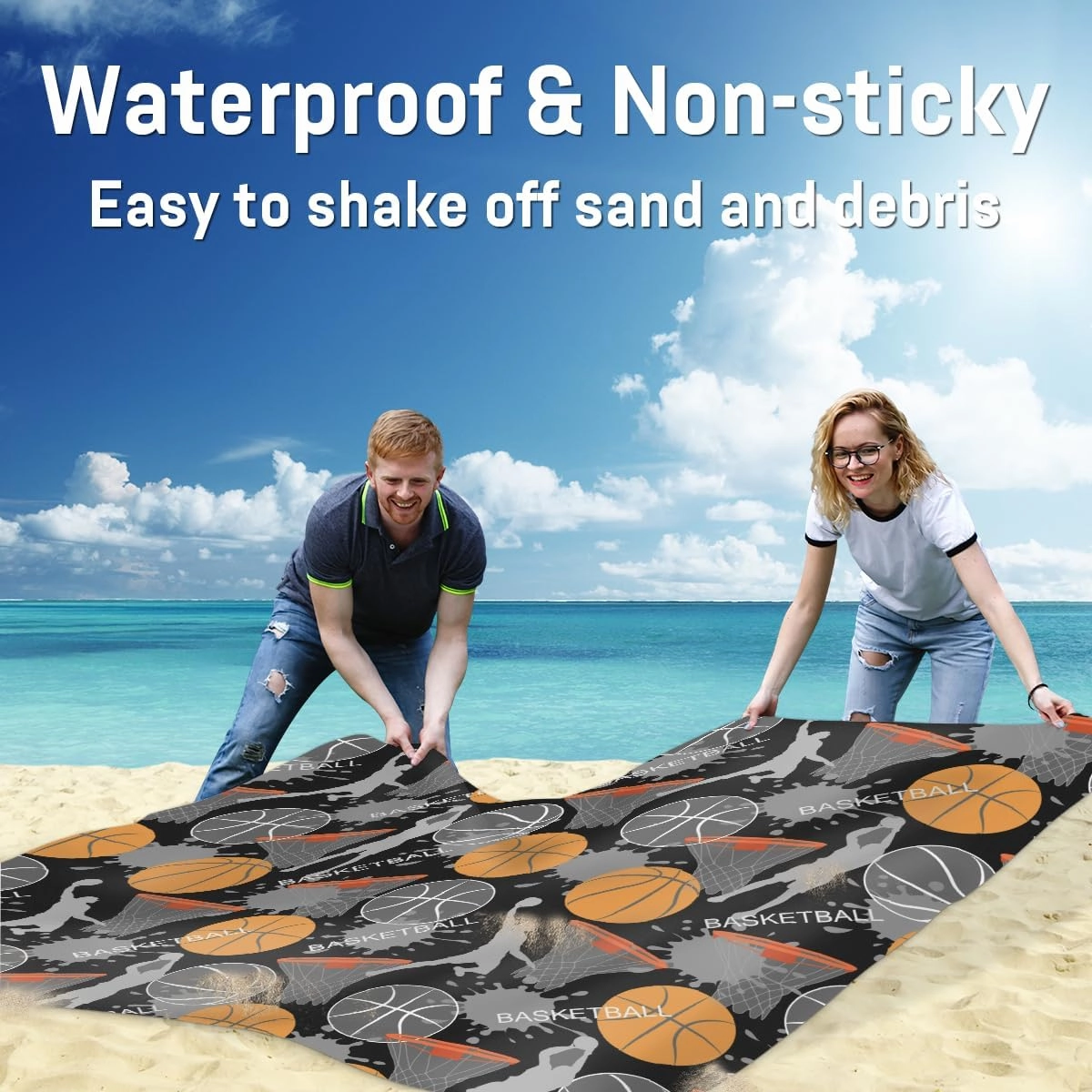 Beach Blanket, Basketball Player Sandproof Beach Mat, Waterproof Quick Drying Sand Free Mat with 4 x Ground Spikes for Outdoor Travel Camping Hiking, Basketball Sport 68 x 59 in