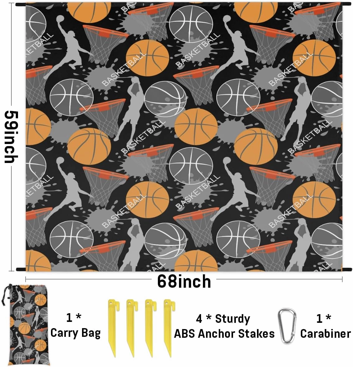 Beach Blanket, Basketball Player Sandproof Beach Mat, Waterproof Quick Drying Sand Free Mat with 4 x Ground Spikes for Outdoor Travel Camping Hiking, Basketball Sport 68 x 59 in