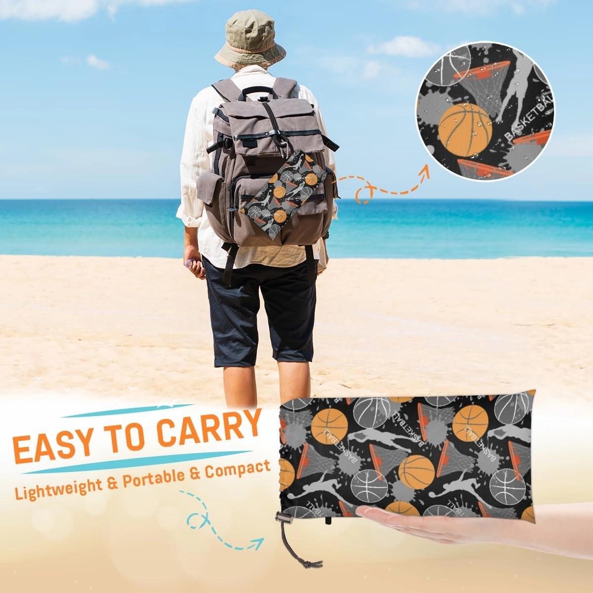 Beach Blanket, Basketball Player Sandproof Beach Mat, Waterproof Quick Drying Sand Free Mat with 4 x Ground Spikes for Outdoor Travel Camping Hiking, Basketball Sport 68 x 59 in
