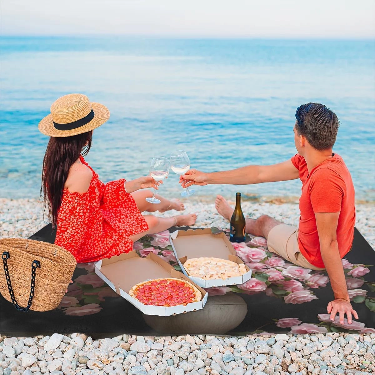 Beach Blanket, Blossoming Rose Flowers Sandproof Beach Mat, Waterproof Quick Drying Sand Free Mat with 4 x Ground Spikes for Outdoor Travel Camping Hiking, Rose 68 x 59 in
