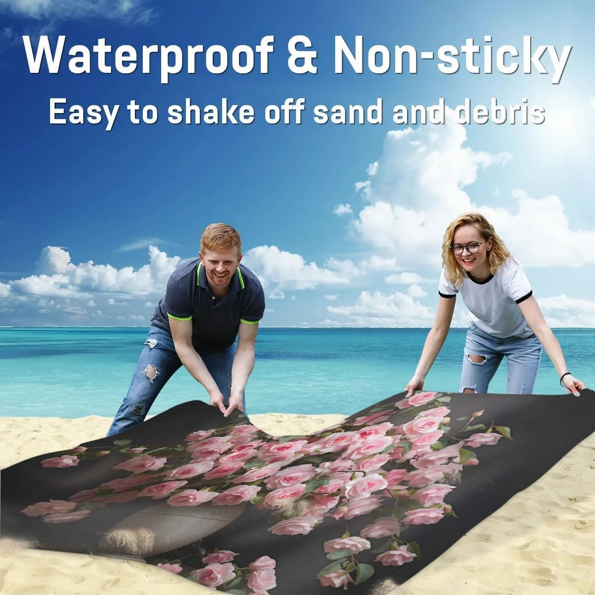 Beach Blanket, Blossoming Rose Flowers Sandproof Beach Mat, Waterproof Quick Drying Sand Free Mat with 4 x Ground Spikes for Outdoor Travel Camping Hiking, Rose 68 x 59 in