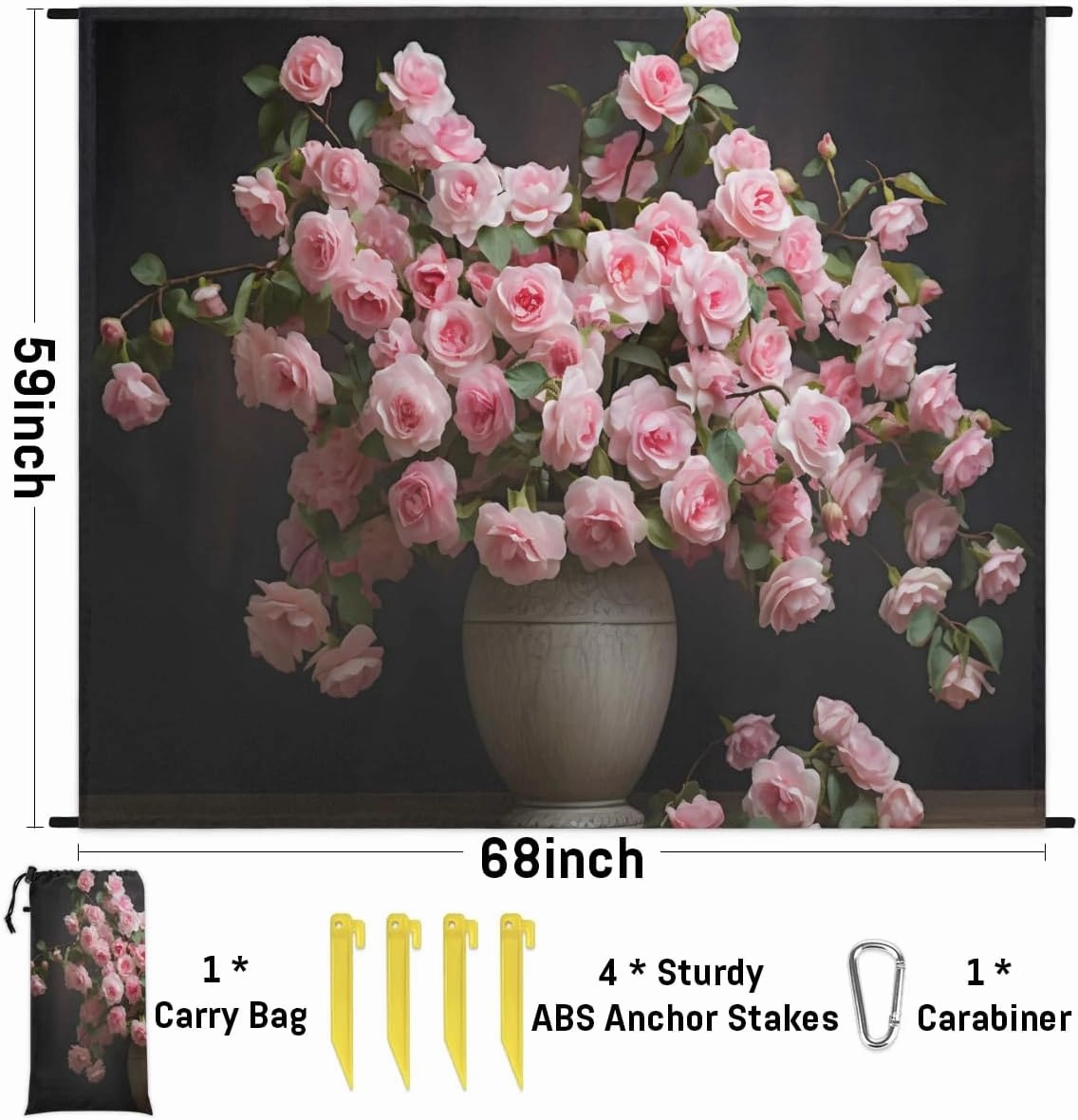 Beach Blanket, Blossoming Rose Flowers Sandproof Beach Mat, Waterproof Quick Drying Sand Free Mat with 4 x Ground Spikes for Outdoor Travel Camping Hiking, Rose 68 x 59 in