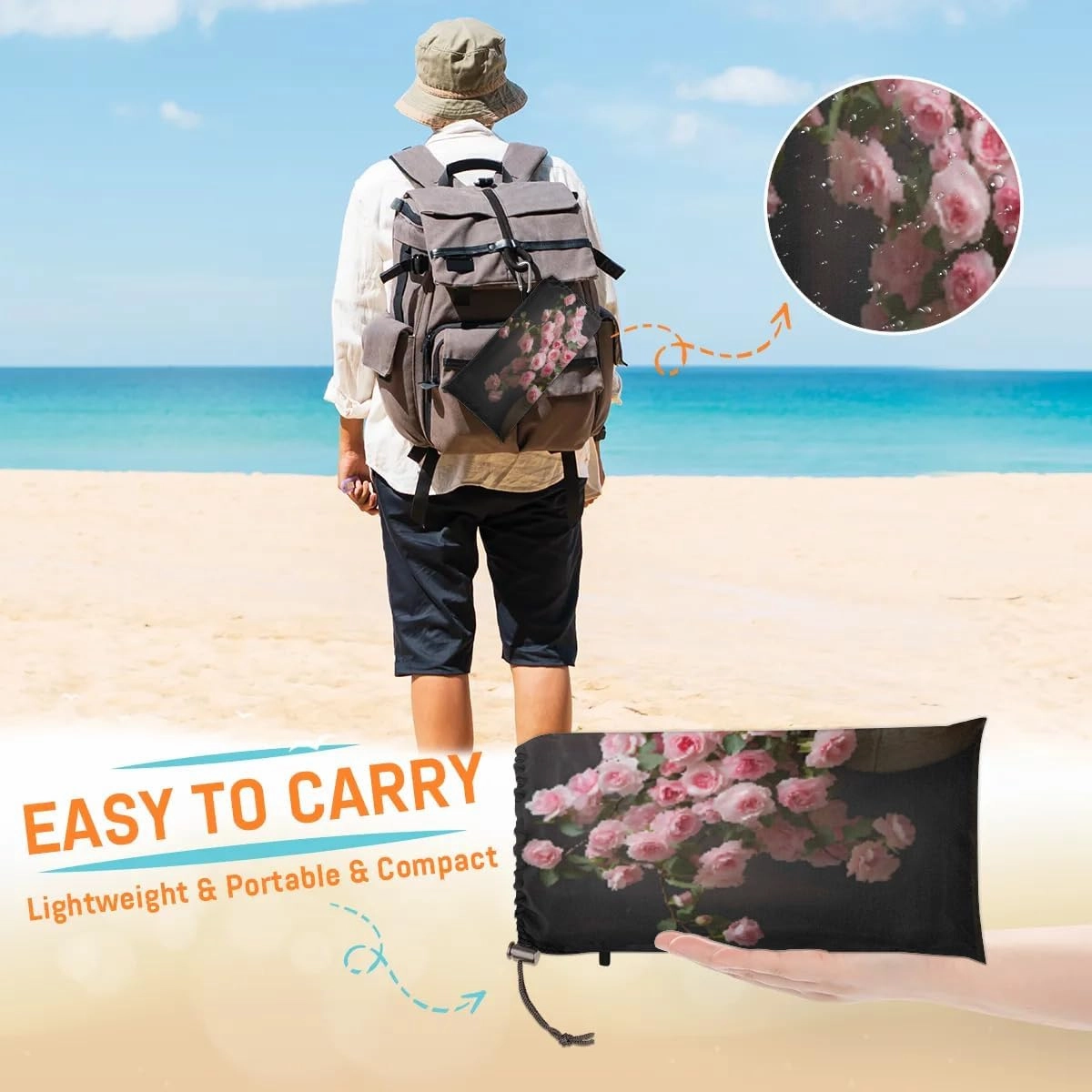 Beach Blanket, Blossoming Rose Flowers Sandproof Beach Mat, Waterproof Quick Drying Sand Free Mat with 4 x Ground Spikes for Outdoor Travel Camping Hiking, Rose 68 x 59 in