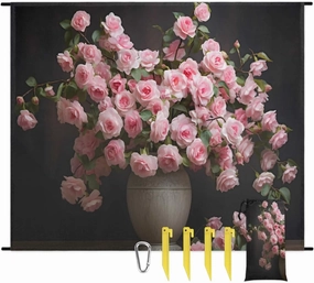 Beach Blanket, Blossoming Rose Flowers Sandproof Beach Mat, Waterproof Quick Drying Sand Free Mat with 4 x Ground Spikes for Outdoor Travel Camping Hiking, Rose 68 x 59 in