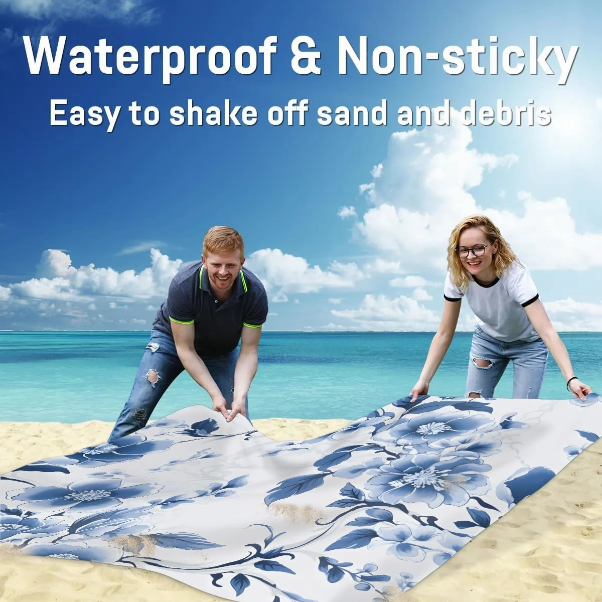Beach Blanket, Blue Flowers Sandproof Beach Mat, Waterproof Quick Drying Sand Free Mat with 4 x Ground Spikes for Outdoor Travel Camping Hiking, Spring Floral 68 x 59 in