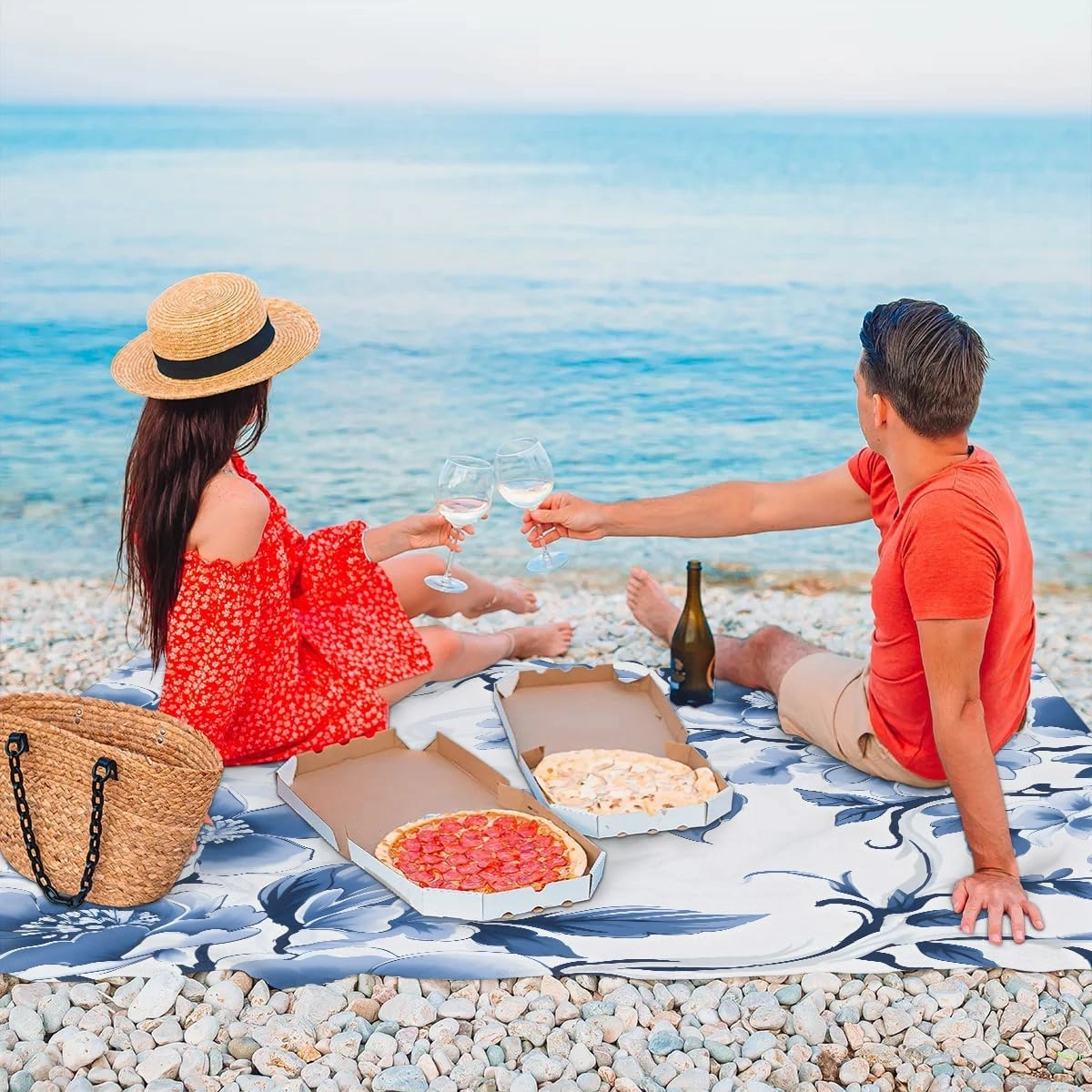Beach Blanket, Blue Flowers Sandproof Beach Mat, Waterproof Quick Drying Sand Free Mat with 4 x Ground Spikes for Outdoor Travel Camping Hiking, Spring Floral 68 x 59 in