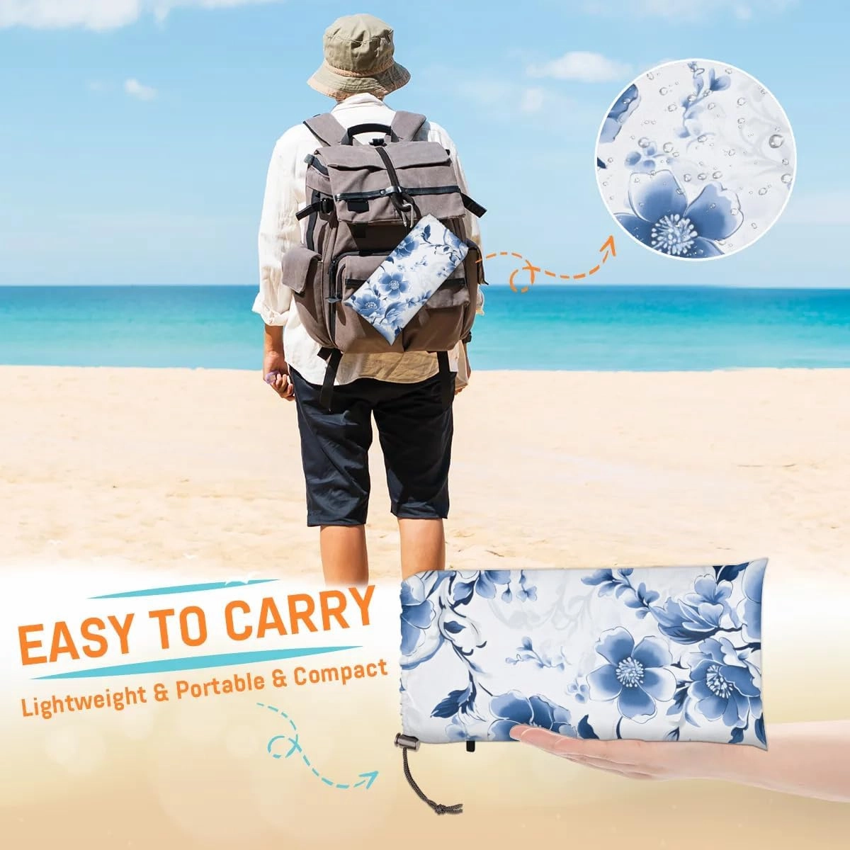 Beach Blanket, Blue Flowers Sandproof Beach Mat, Waterproof Quick Drying Sand Free Mat with 4 x Ground Spikes for Outdoor Travel Camping Hiking, Spring Floral 68 x 59 in
