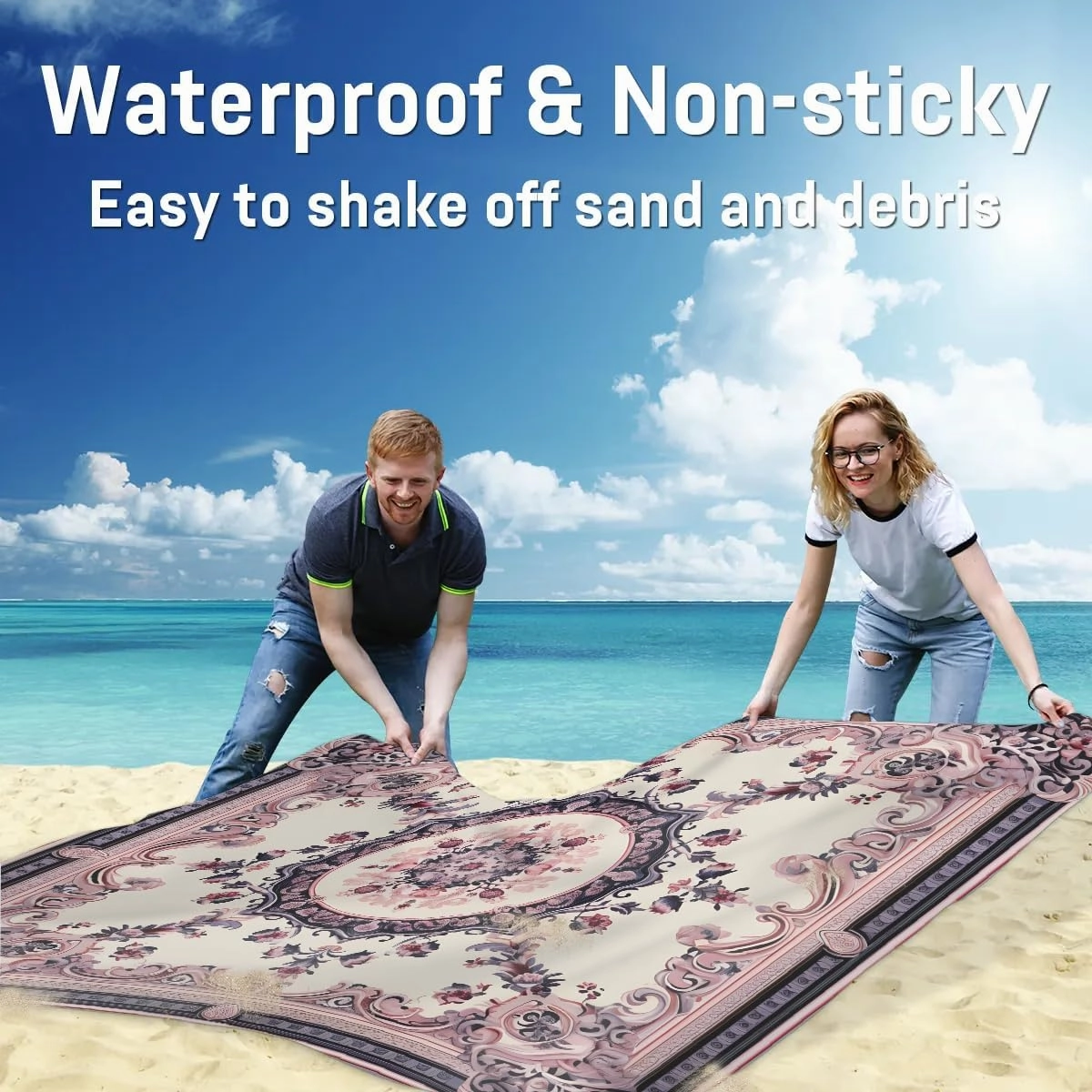 Beach Blanket, Boho Sandproof Beach Mat, Waterproof Quick Drying Sand Free Mat with 4 x Ground Spikes for Outdoor Travel Camping Hiking, Vintage Bohemian 68 x 59 in