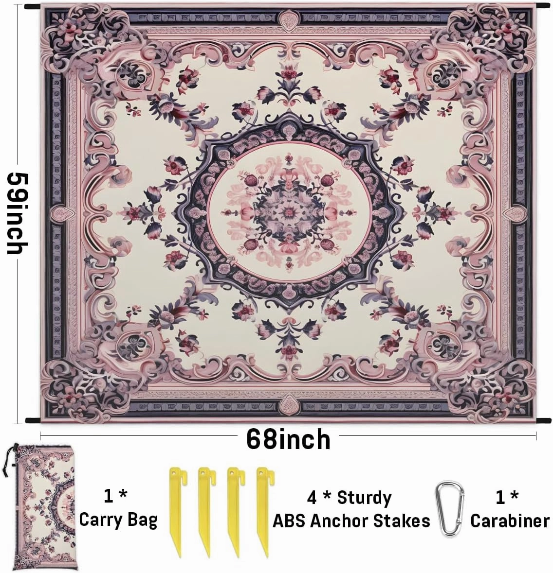 Beach Blanket, Boho Sandproof Beach Mat, Waterproof Quick Drying Sand Free Mat with 4 x Ground Spikes for Outdoor Travel Camping Hiking, Vintage Bohemian 68 x 59 in