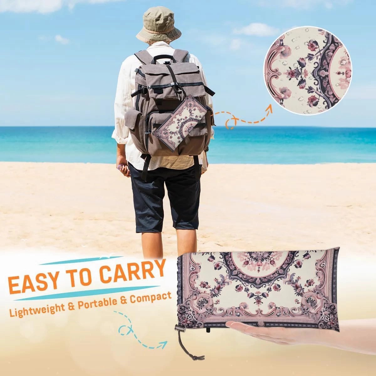 Beach Blanket, Boho Sandproof Beach Mat, Waterproof Quick Drying Sand Free Mat with 4 x Ground Spikes for Outdoor Travel Camping Hiking, Vintage Bohemian 68 x 59 in