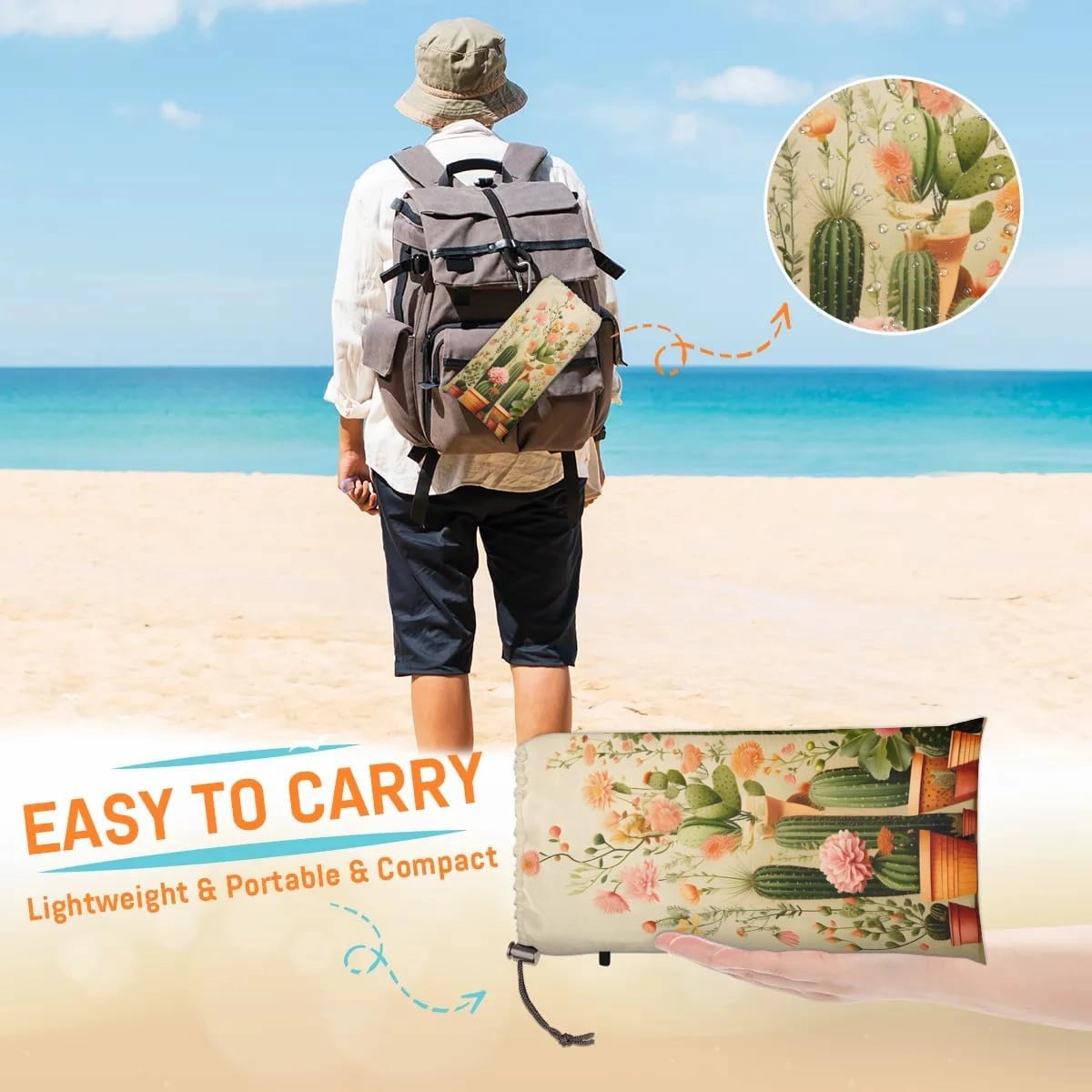 Beach Blanket, Cactus Sandproof Beach Mat, Waterproof Quick Drying Sand Free Mat with 4 x Ground Spikes for Outdoor Travel Camping Hiking, Southwest Plant Tropical 68 x 59 in