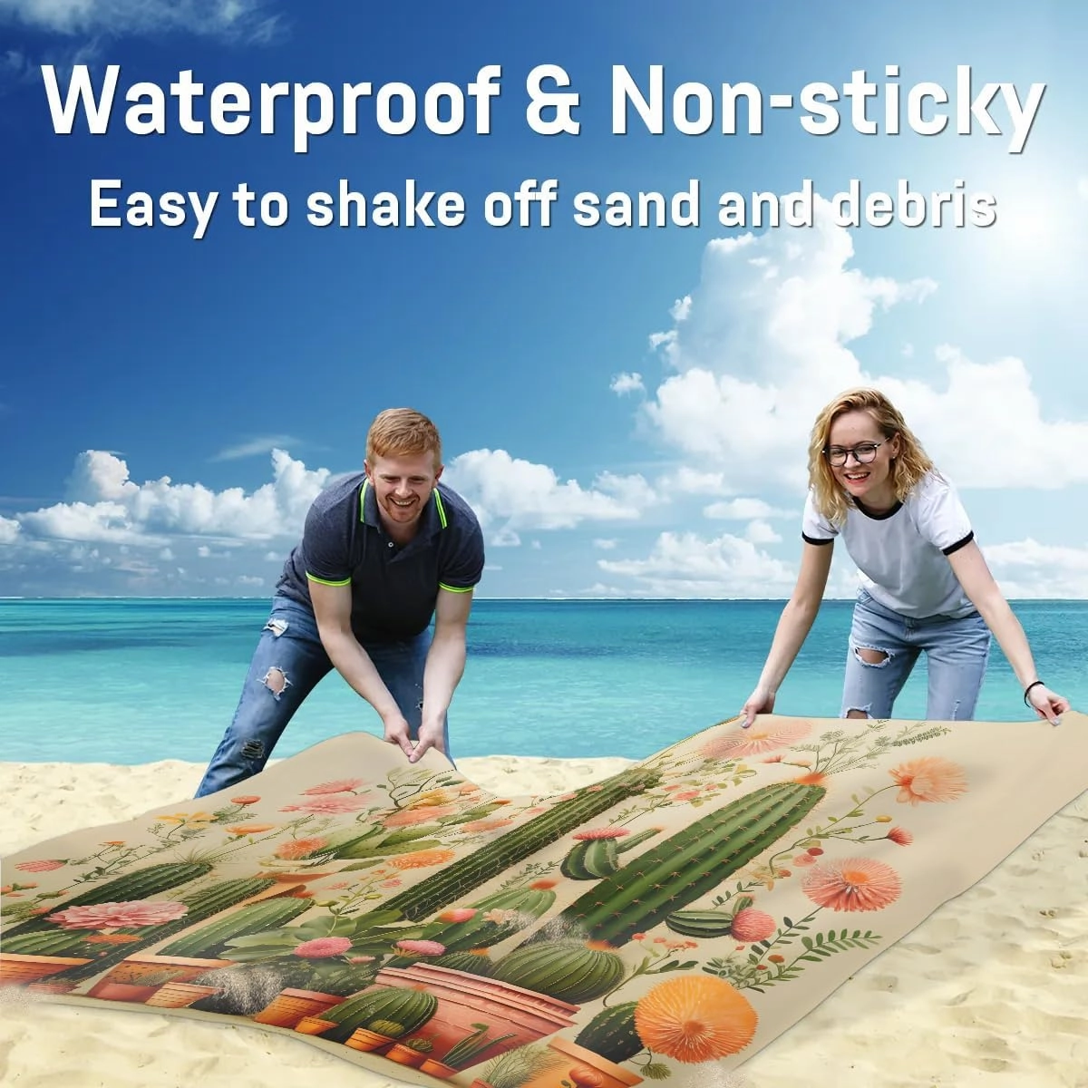 Beach Blanket, Cactus Sandproof Beach Mat, Waterproof Quick Drying Sand Free Mat with 4 x Ground Spikes for Outdoor Travel Camping Hiking, Southwest Plant Tropical 68 x 59 in