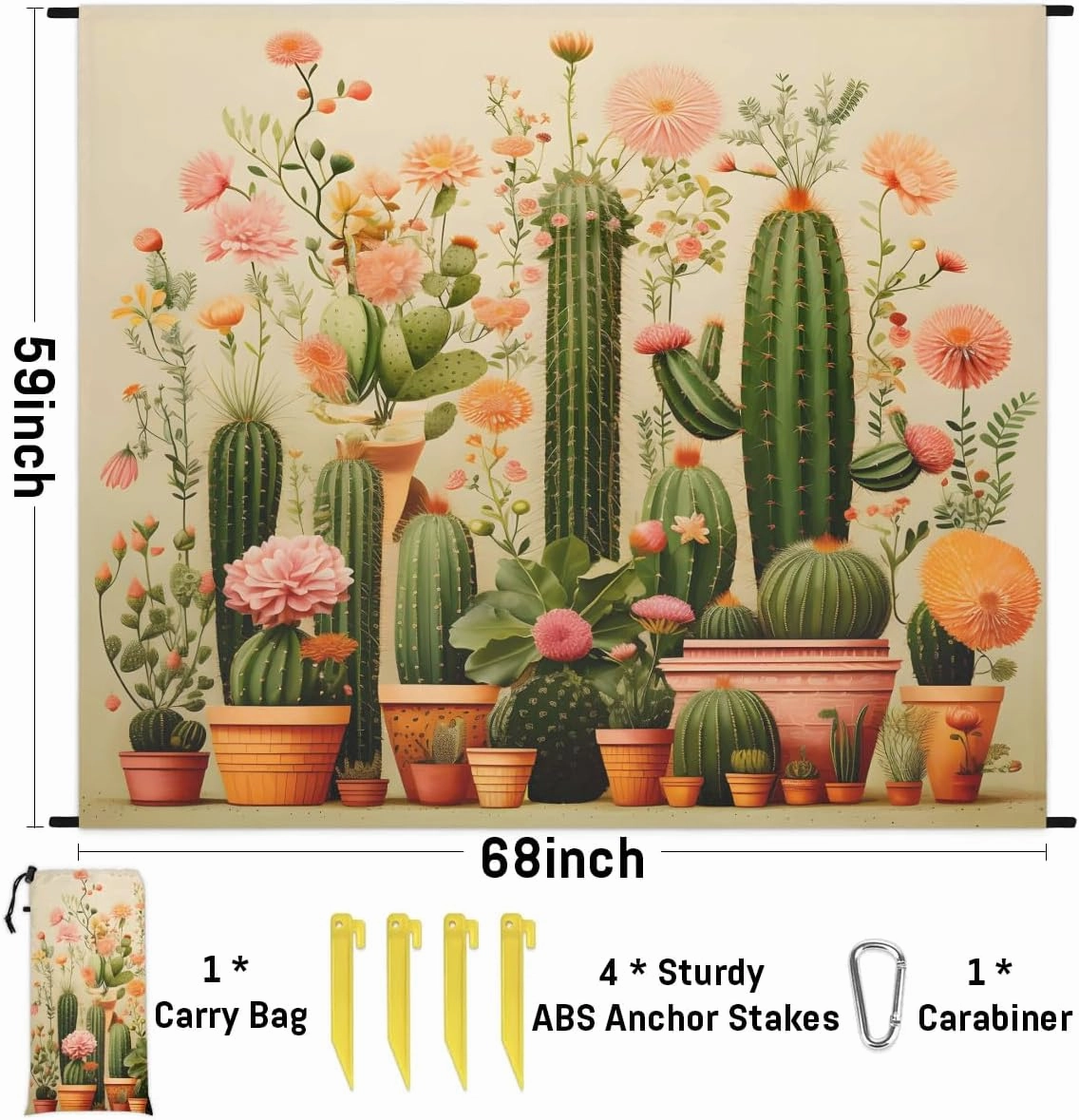 Beach Blanket, Cactus Sandproof Beach Mat, Waterproof Quick Drying Sand Free Mat with 4 x Ground Spikes for Outdoor Travel Camping Hiking, Southwest Plant Tropical 68 x 59 in
