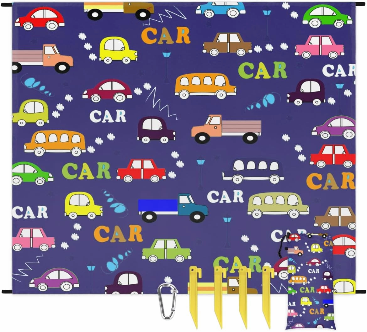 Beach Blanket, Cartoon Cars Sandproof Beach Mat, Waterproof Quick Drying Sand Free Mat with 4 x Ground Spikes for Outdoor Travel Camping Hiking, Cars Print 68 x 59 in