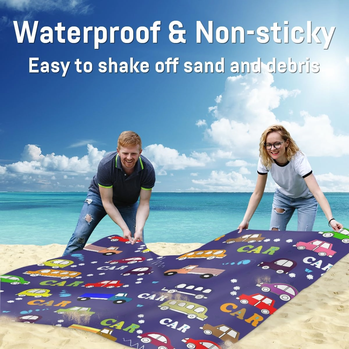 Beach Blanket, Cartoon Cars Sandproof Beach Mat, Waterproof Quick Drying Sand Free Mat with 4 x Ground Spikes for Outdoor Travel Camping Hiking, Cars Print 68 x 59 in