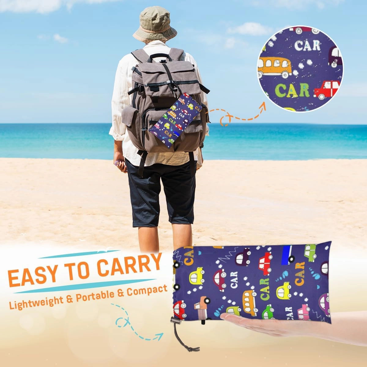 Beach Blanket, Cartoon Cars Sandproof Beach Mat, Waterproof Quick Drying Sand Free Mat with 4 x Ground Spikes for Outdoor Travel Camping Hiking, Cars Print 68 x 59 in