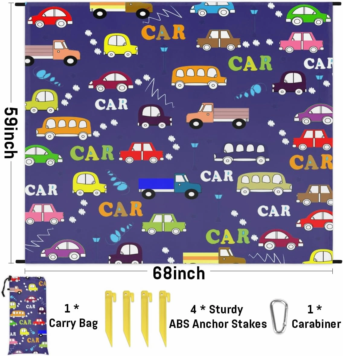 Beach Blanket, Cartoon Cars Sandproof Beach Mat, Waterproof Quick Drying Sand Free Mat with 4 x Ground Spikes for Outdoor Travel Camping Hiking, Cars Print 68 x 59 in
