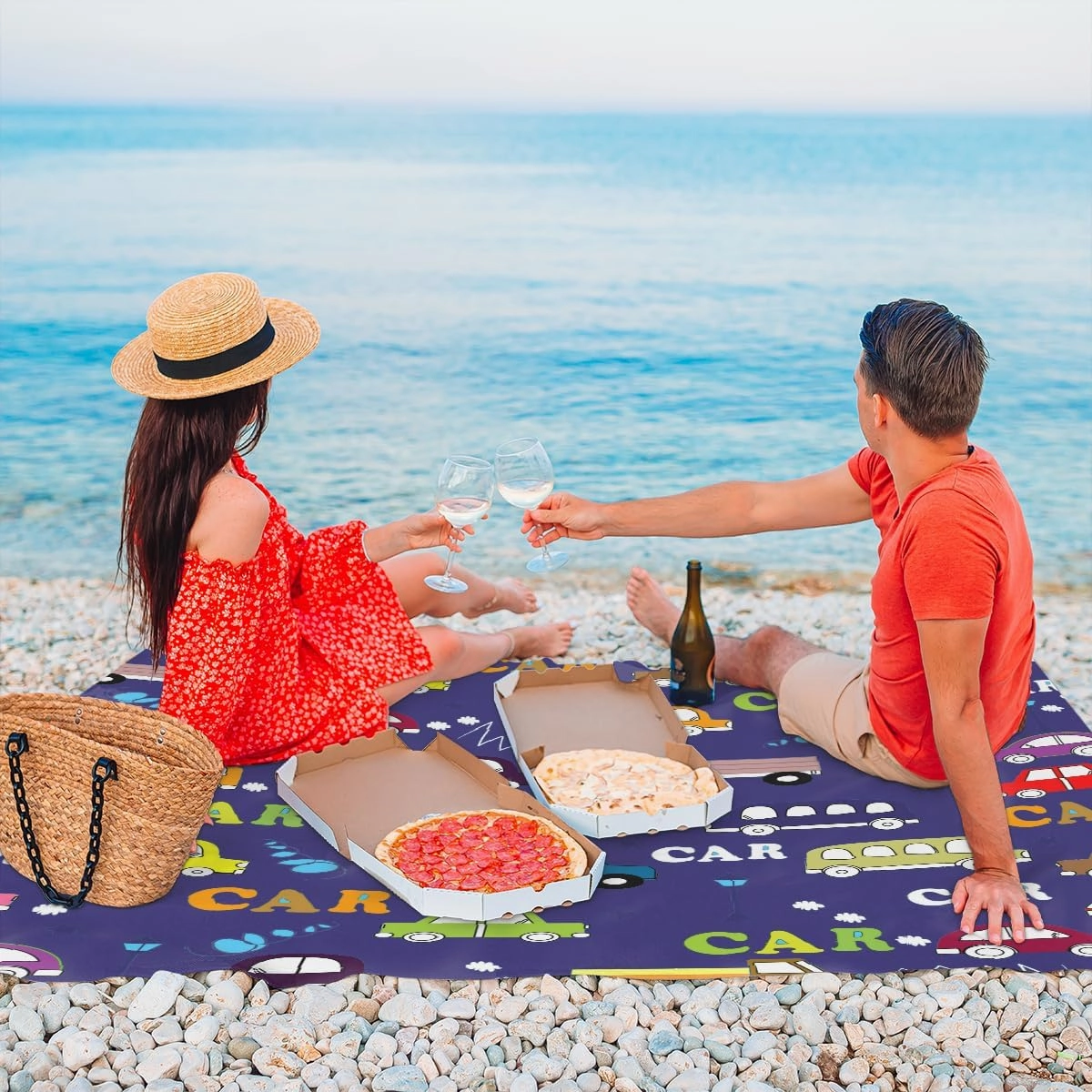 Beach Blanket, Cartoon Cars Sandproof Beach Mat, Waterproof Quick Drying Sand Free Mat with 4 x Ground Spikes for Outdoor Travel Camping Hiking, Cars Print 68 x 59 in