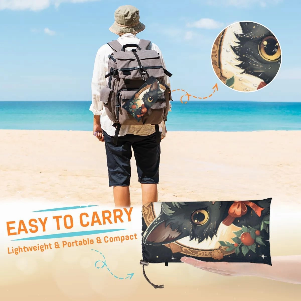 Beach Blanket, Christmas Day Sandproof Beach Mat, Waterproof Quick Drying Sand Free Mat with 4 x Ground Spikes for Outdoor Travel Camping Hiking, Black Cat Bow 68 x 59 in