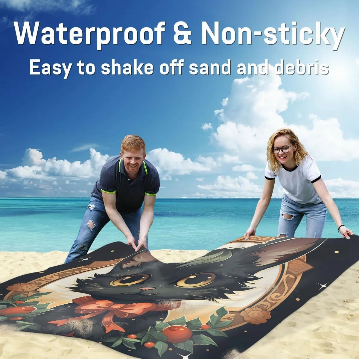 Beach Blanket, Christmas Day Sandproof Beach Mat, Waterproof Quick Drying Sand Free Mat with 4 x Ground Spikes for Outdoor Travel Camping Hiking, Black Cat Bow 68 x 59 in