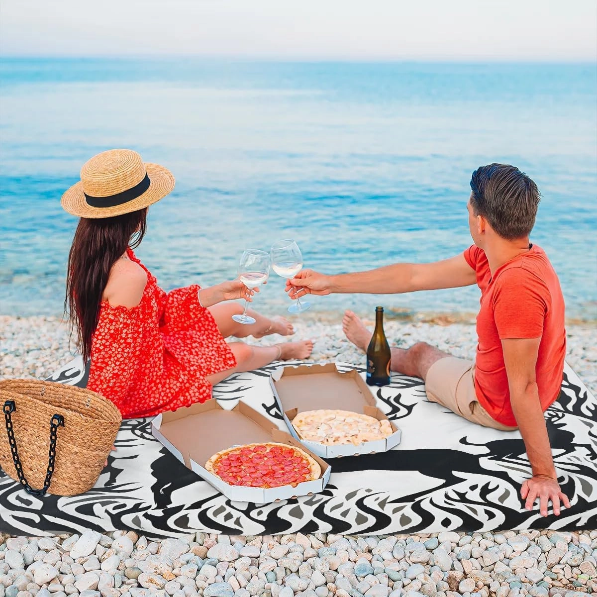 Beach Blanket, Christmas Deer Sandproof Beach Mat, Waterproof Quick Drying Sand Free Mat with 4 x Ground Spikes for Outdoor Travel Camping Hiking, Wild Animal Pattern 68 x 59 in
