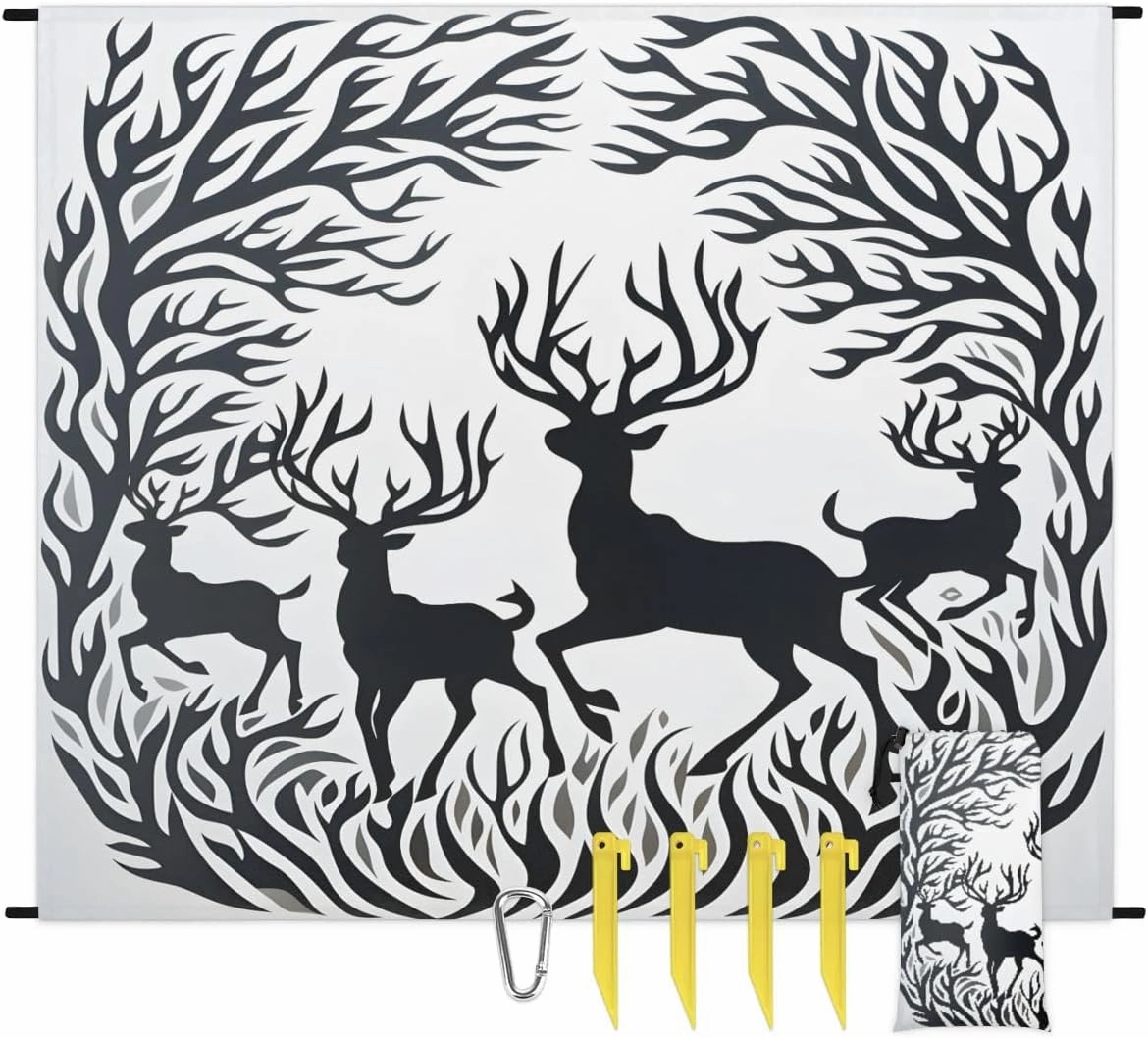 Beach Blanket, Christmas Deer Sandproof Beach Mat, Waterproof Quick Drying Sand Free Mat with 4 x Ground Spikes for Outdoor Travel Camping Hiking, Wild Animal Pattern 68 x 59 in