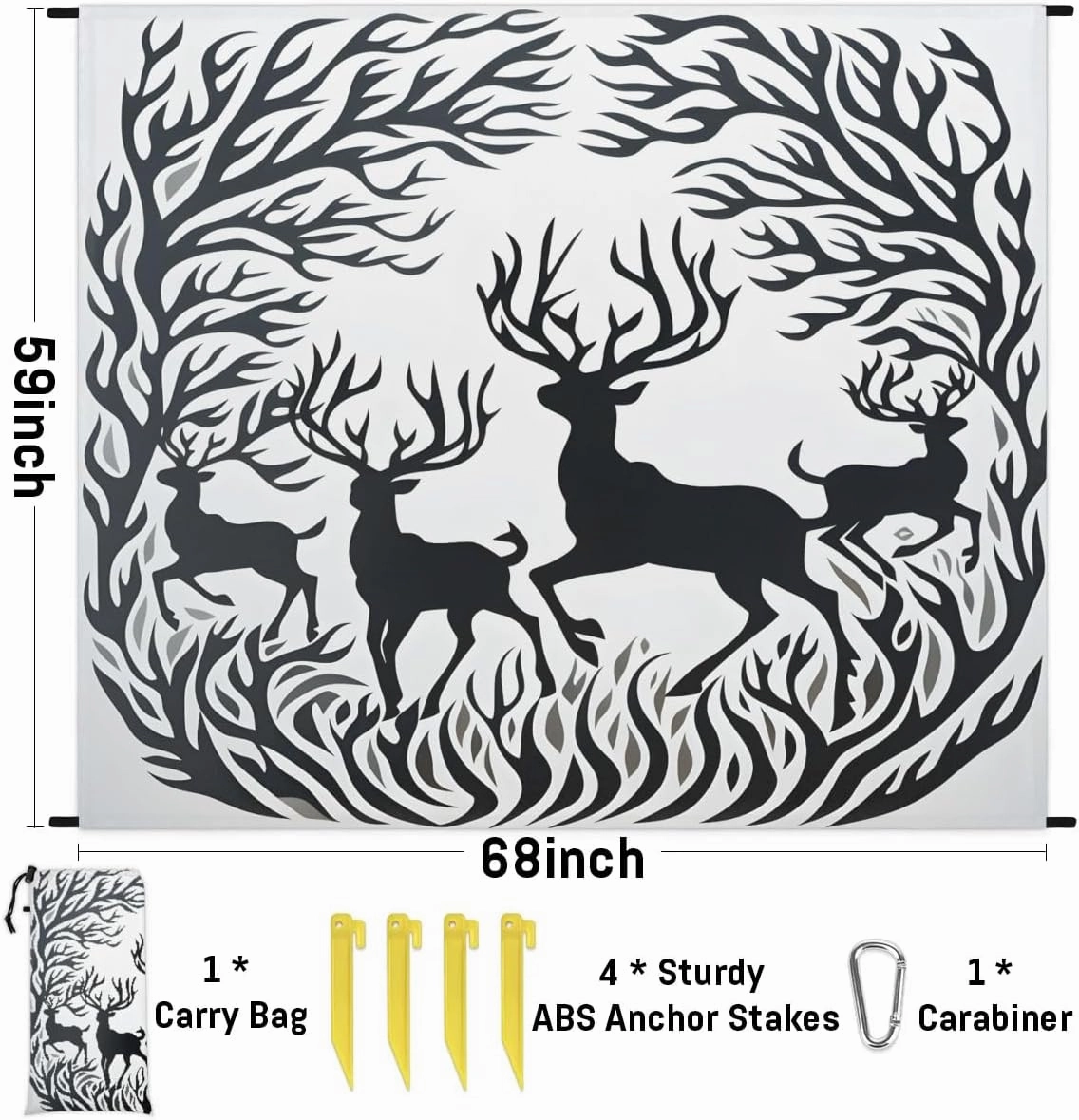 Beach Blanket, Christmas Deer Sandproof Beach Mat, Waterproof Quick Drying Sand Free Mat with 4 x Ground Spikes for Outdoor Travel Camping Hiking, Wild Animal Pattern 68 x 59 in