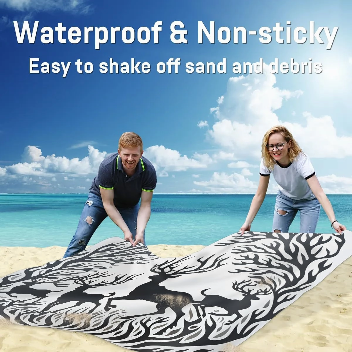 Beach Blanket, Christmas Deer Sandproof Beach Mat, Waterproof Quick Drying Sand Free Mat with 4 x Ground Spikes for Outdoor Travel Camping Hiking, Wild Animal Pattern 68 x 59 in