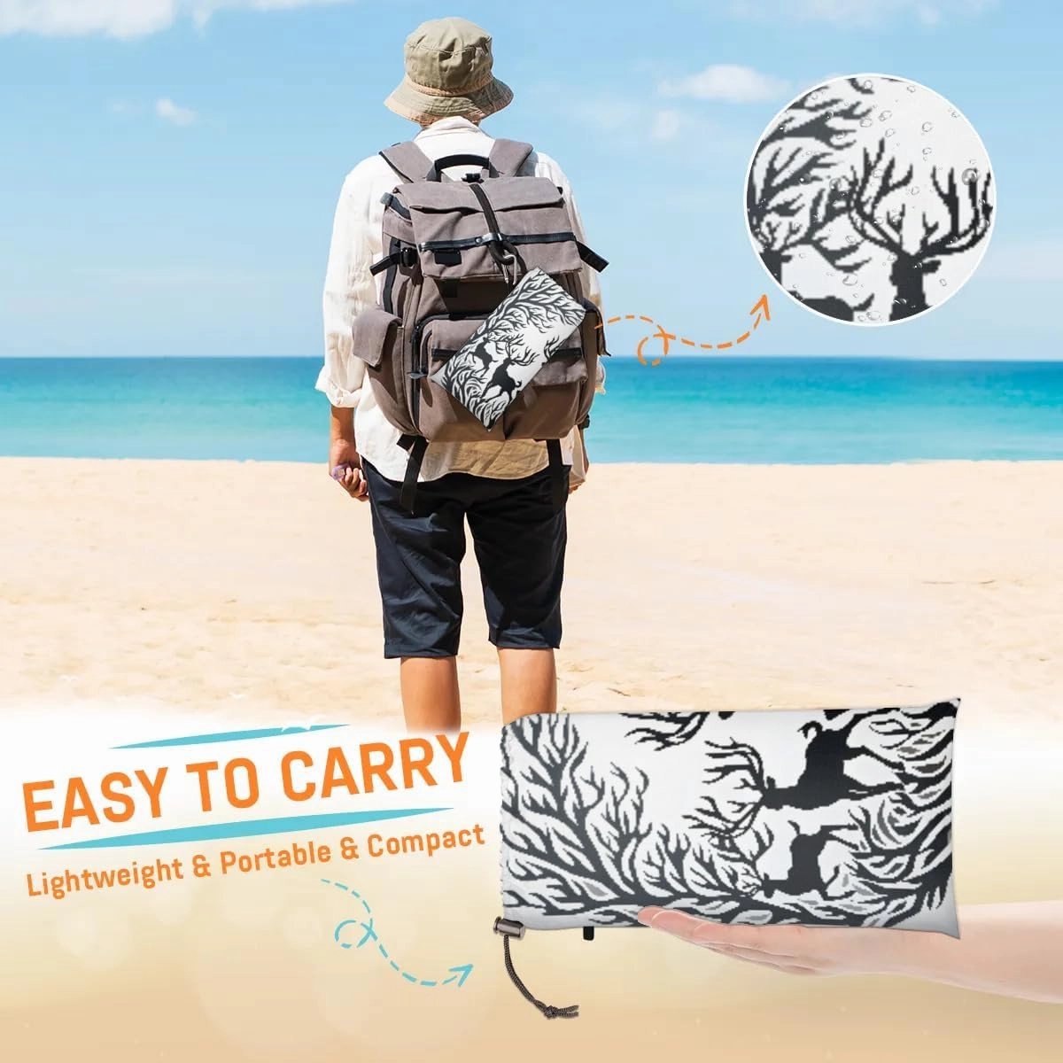 Beach Blanket, Christmas Deer Sandproof Beach Mat, Waterproof Quick Drying Sand Free Mat with 4 x Ground Spikes for Outdoor Travel Camping Hiking, Wild Animal Pattern 68 x 59 in