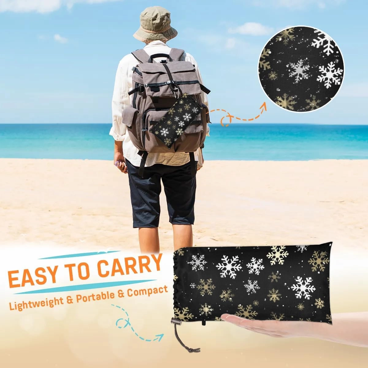 Beach Blanket, Christmas Sandproof Beach Mat, Waterproof Quick Drying Sand Free Mat with 4 x Ground Spikes for Outdoor Travel Camping Hiking, Snowflakes 68 x 59 in