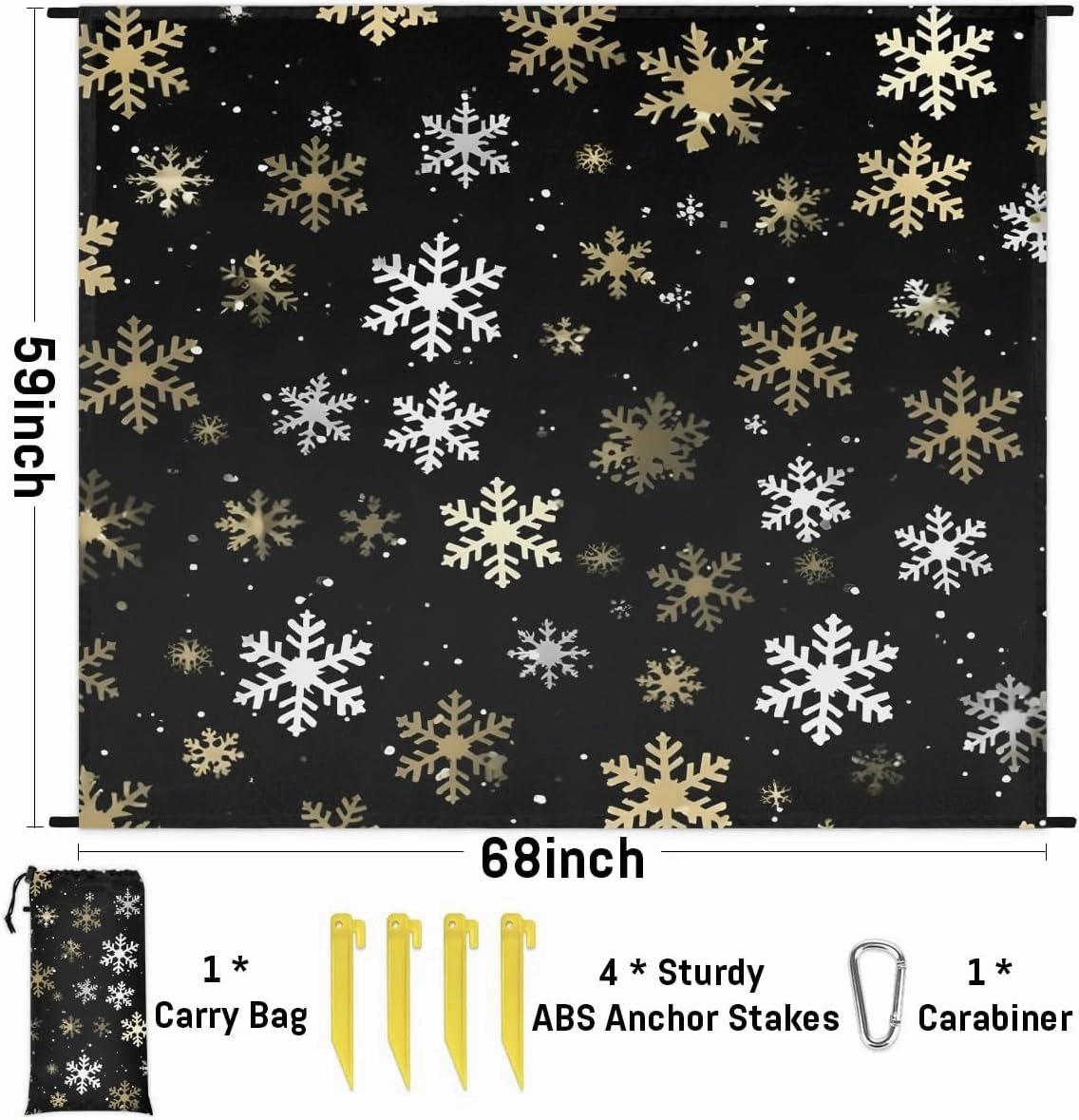 Beach Blanket, Christmas Sandproof Beach Mat, Waterproof Quick Drying Sand Free Mat with 4 x Ground Spikes for Outdoor Travel Camping Hiking, Snowflakes 68 x 59 in