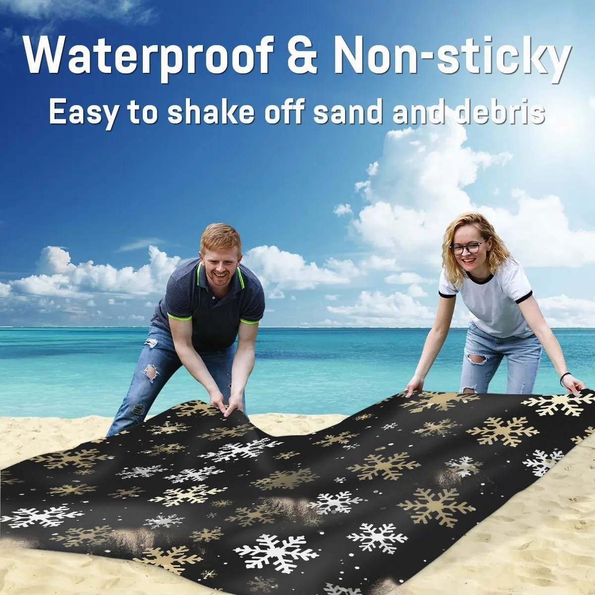 Beach Blanket, Christmas Sandproof Beach Mat, Waterproof Quick Drying Sand Free Mat with 4 x Ground Spikes for Outdoor Travel Camping Hiking, Snowflakes 68 x 59 in