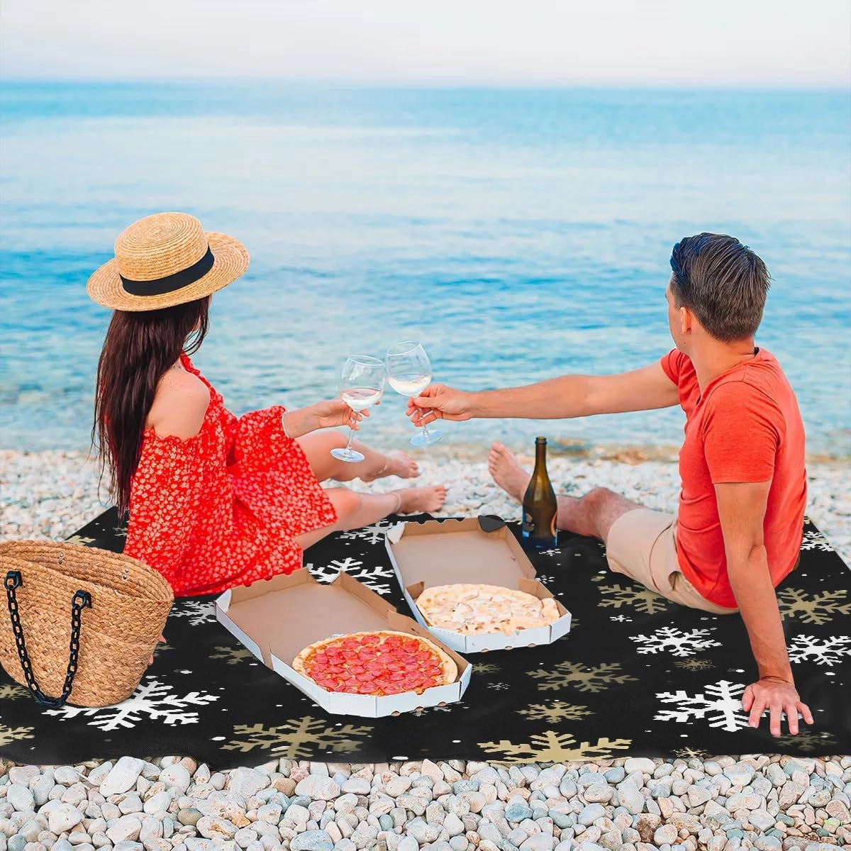 Beach Blanket, Christmas Sandproof Beach Mat, Waterproof Quick Drying Sand Free Mat with 4 x Ground Spikes for Outdoor Travel Camping Hiking, Snowflakes 68 x 59 in
