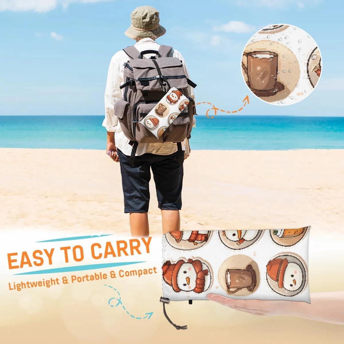 Beach Blanket, Christmas Sandproof Beach Mat, Waterproof Quick Drying Sand Free Mat with 4 x Ground Spikes for Outdoor Travel Camping Hiking, Snowman 68 x 59 in
