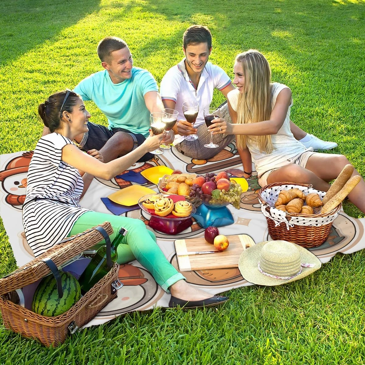 Beach Blanket, Christmas Sandproof Beach Mat, Waterproof Quick Drying Sand Free Mat with 4 x Ground Spikes for Outdoor Travel Camping Hiking, Snowman 68 x 59 in