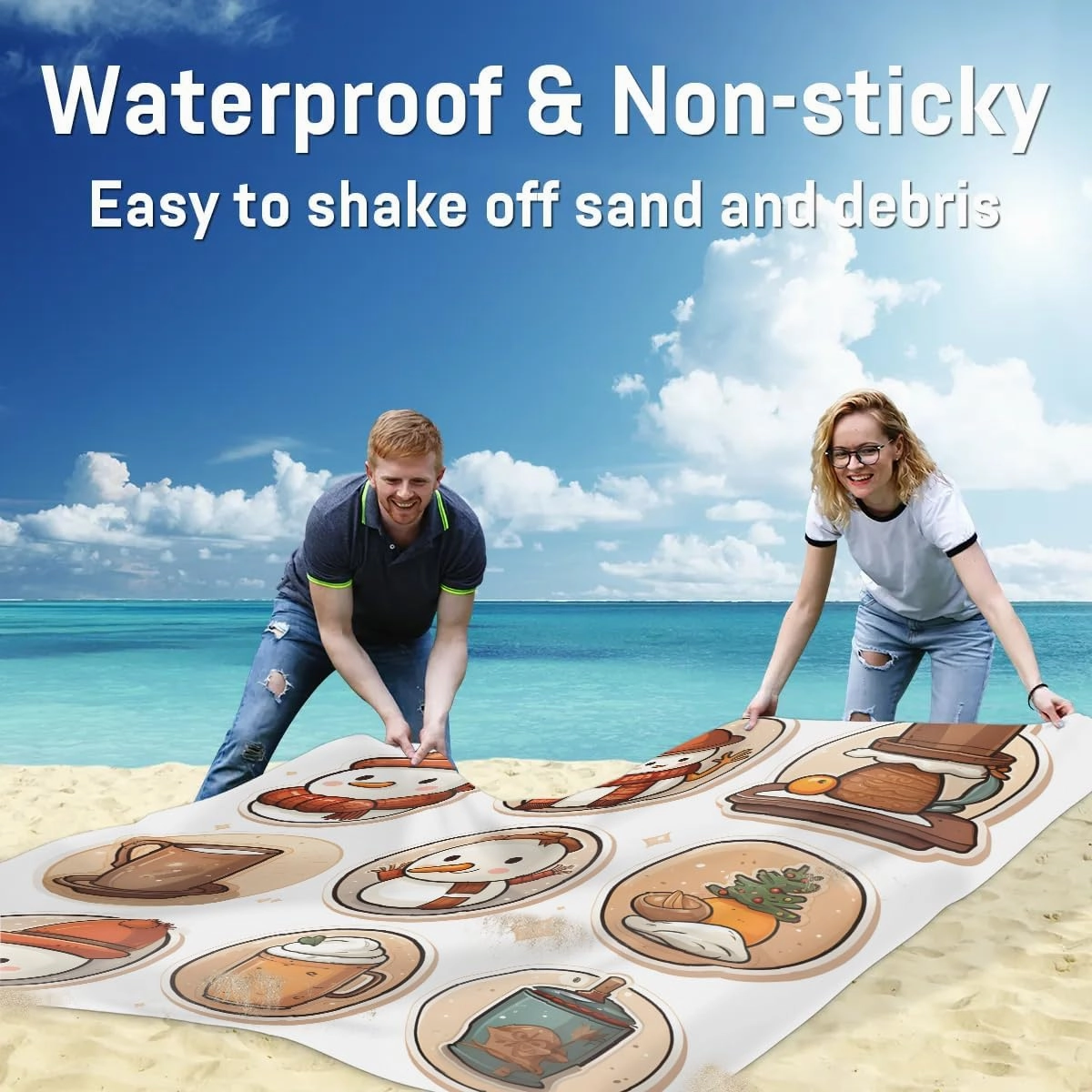 Beach Blanket, Christmas Sandproof Beach Mat, Waterproof Quick Drying Sand Free Mat with 4 x Ground Spikes for Outdoor Travel Camping Hiking, Snowman 68 x 59 in