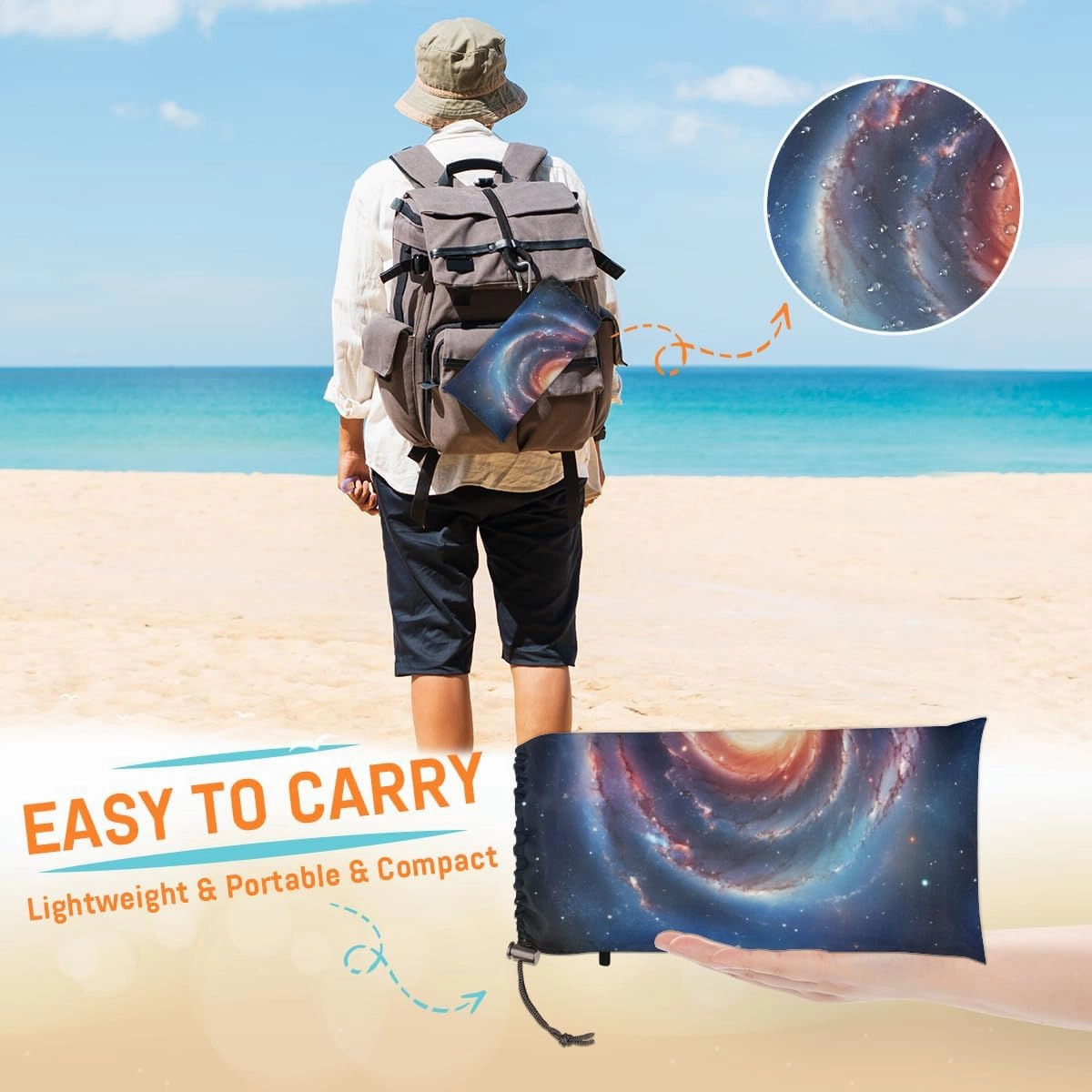 Beach Blanket, Colorful Starry Sky Sandproof Beach Mat, Waterproof Quick Drying Sand Free Mat with 4 x Ground Spikes for Outdoor Travel Camping Hiking, Solar System 68 x 59 in