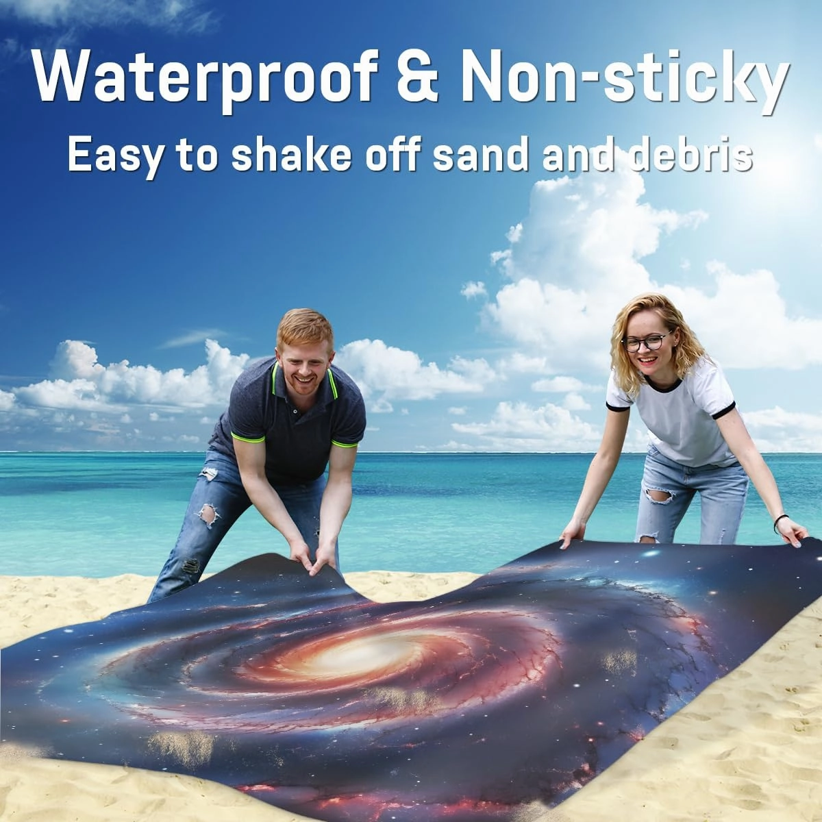 Beach Blanket, Colorful Starry Sky Sandproof Beach Mat, Waterproof Quick Drying Sand Free Mat with 4 x Ground Spikes for Outdoor Travel Camping Hiking, Solar System 68 x 59 in