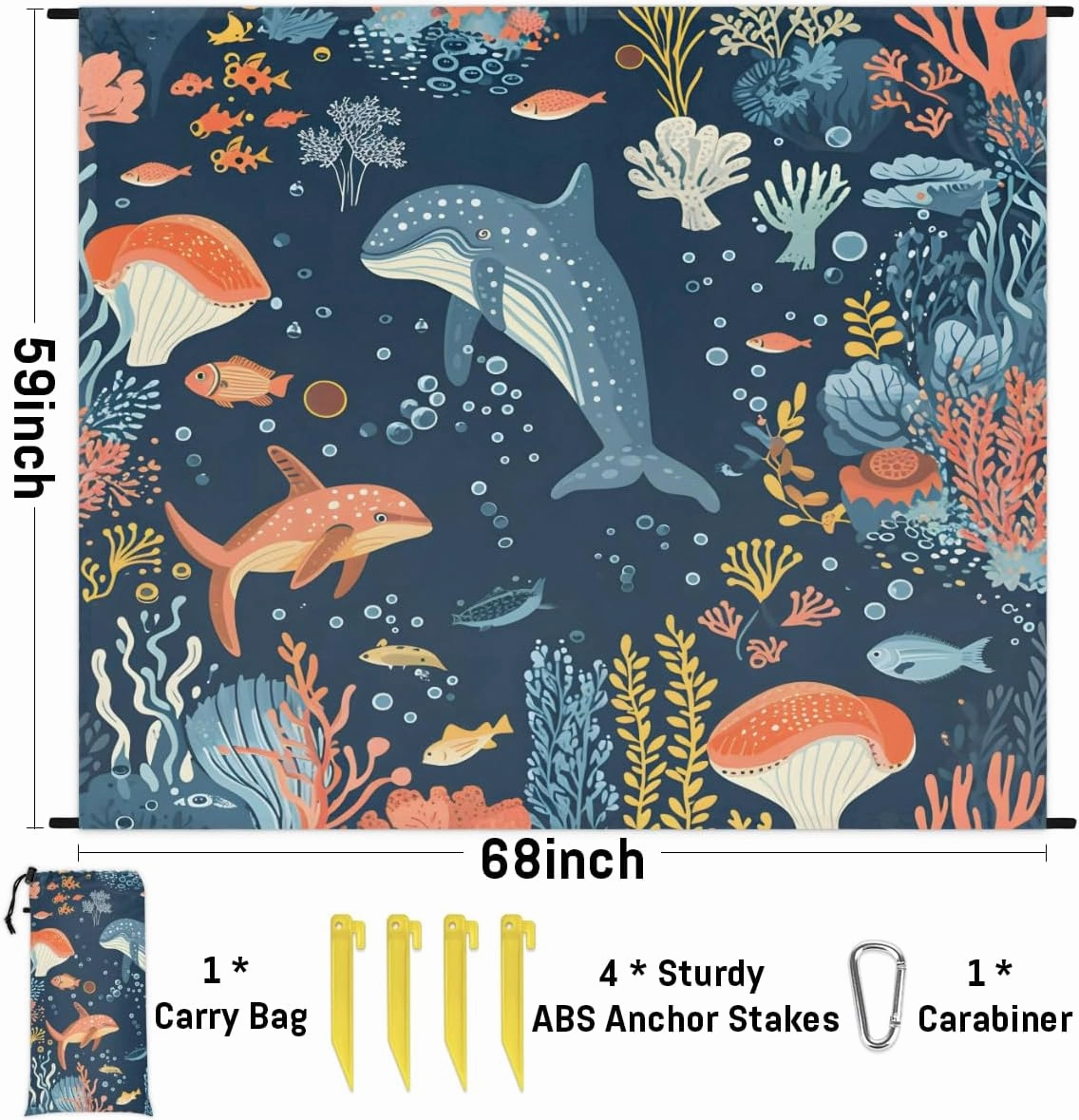 Beach Blanket, Coral Whale Sandproof Beach Mat, Waterproof Quick Drying Sand Free Mat with 4 x Ground Spikes for Outdoor Travel Camping Hiking, Animals 68 x 59 in