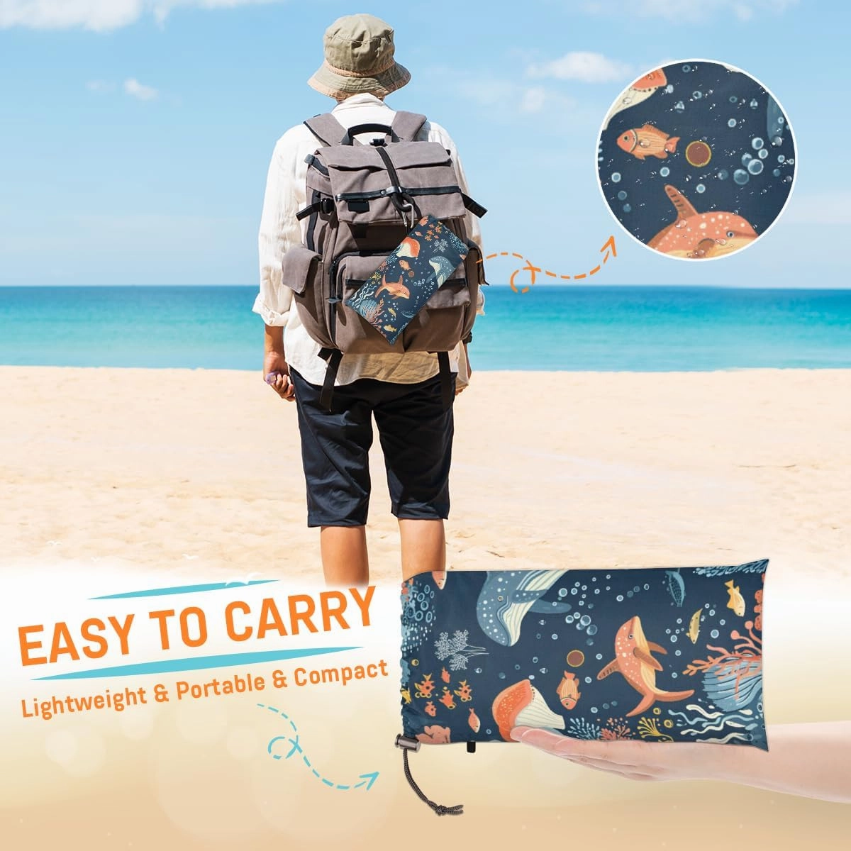 Beach Blanket, Coral Whale Sandproof Beach Mat, Waterproof Quick Drying Sand Free Mat with 4 x Ground Spikes for Outdoor Travel Camping Hiking, Animals 68 x 59 in
