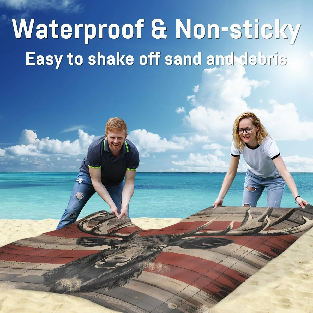 Beach Blanket, Deer Sandproof Beach Mat, Waterproof Quick Drying Sand Free Mat with 4 x Ground Spikes for Outdoor Travel Camping Hiking, Vintage Deer 68 x 59 in